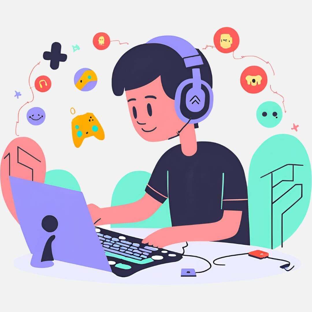 a boy wearing headphones and using a laptop