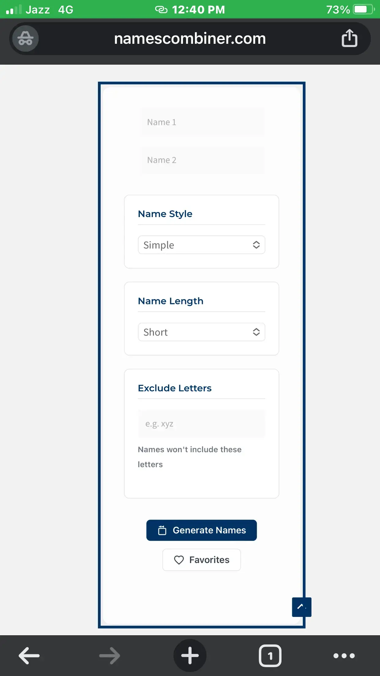 Name Combiner, step 1 in mobile