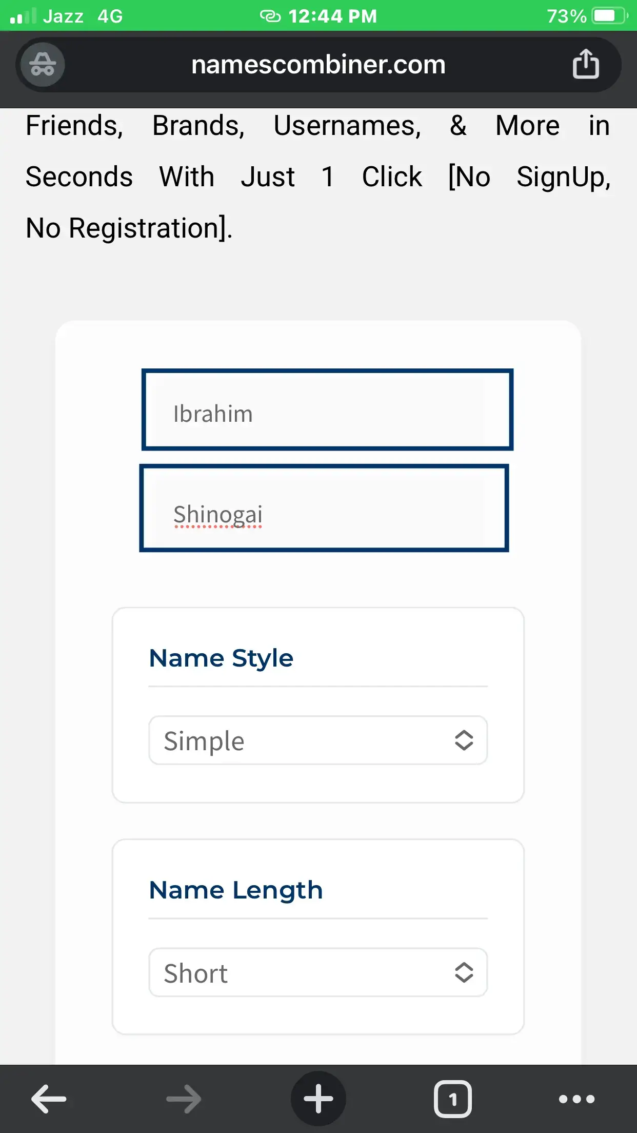 Name Combiner, step 2 in mobile