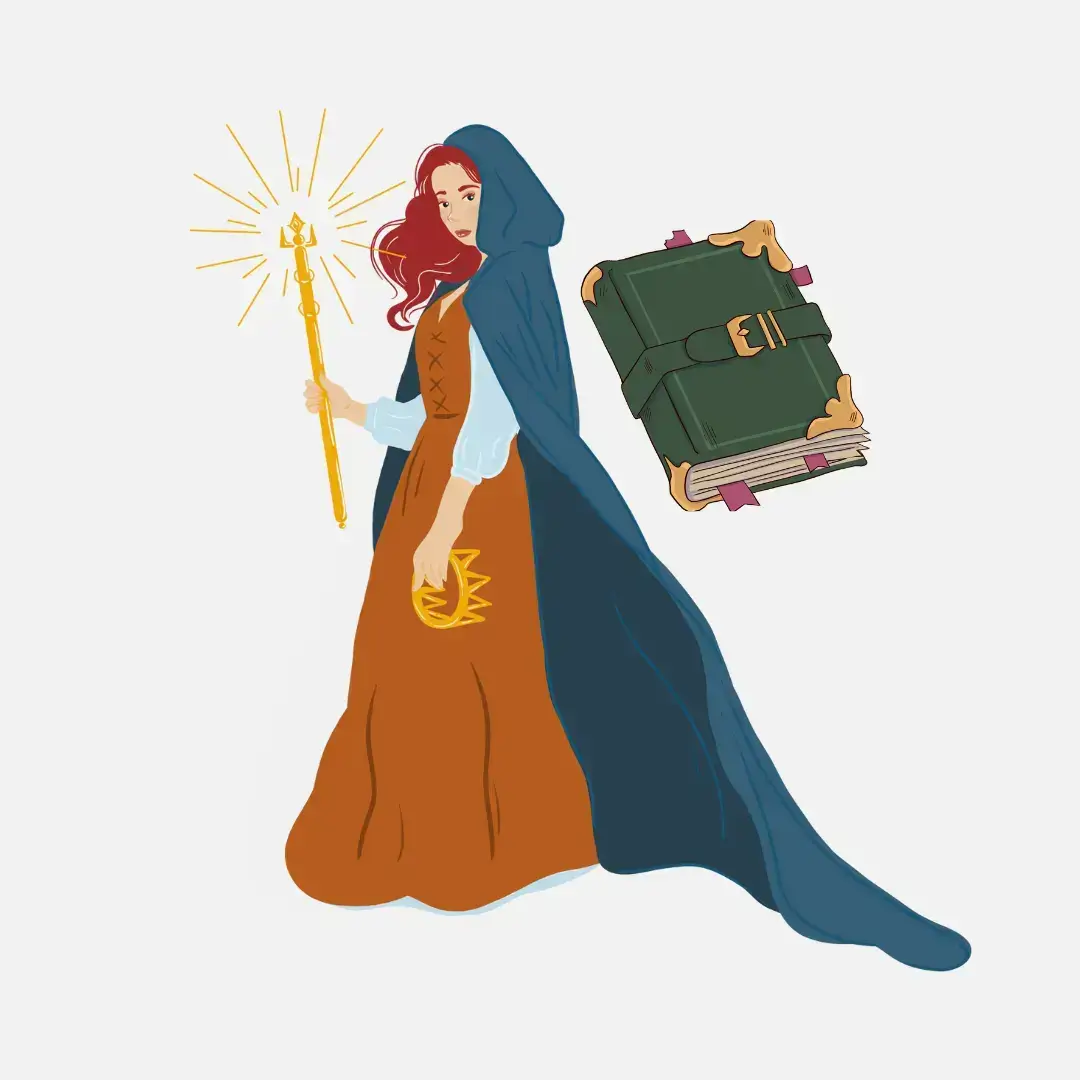 a cartoon of a woman in a long dress holding a staff and a book