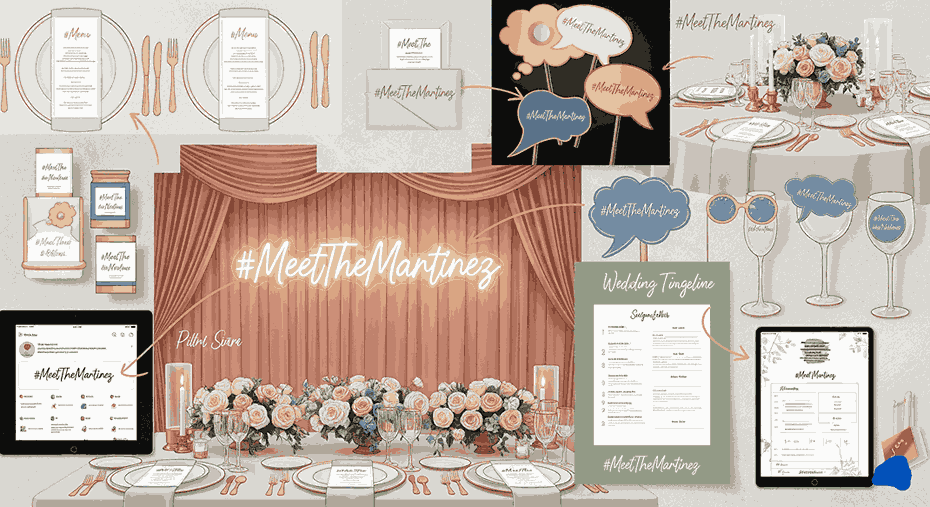 a collage of a table with flowers and plates