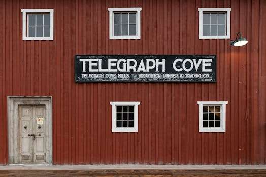 Exterior view of a vintage red building with a sign in Telegraph Cove, British Columbia.